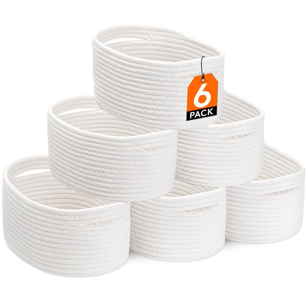 Basket Storage Organizer 6-Pack Cotton Rope Cube Bins 11 x 7 x 5 Inch in Five Color Options