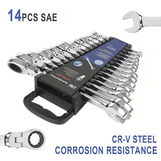Flex Head Ratcheting Wrench Set SAE 14-Piece - 1/4" to 7/8" Chrome Vanadium Steel 72-Tooth 180° Flex Head with Organizer Rack for Auto Mechanical Repair
