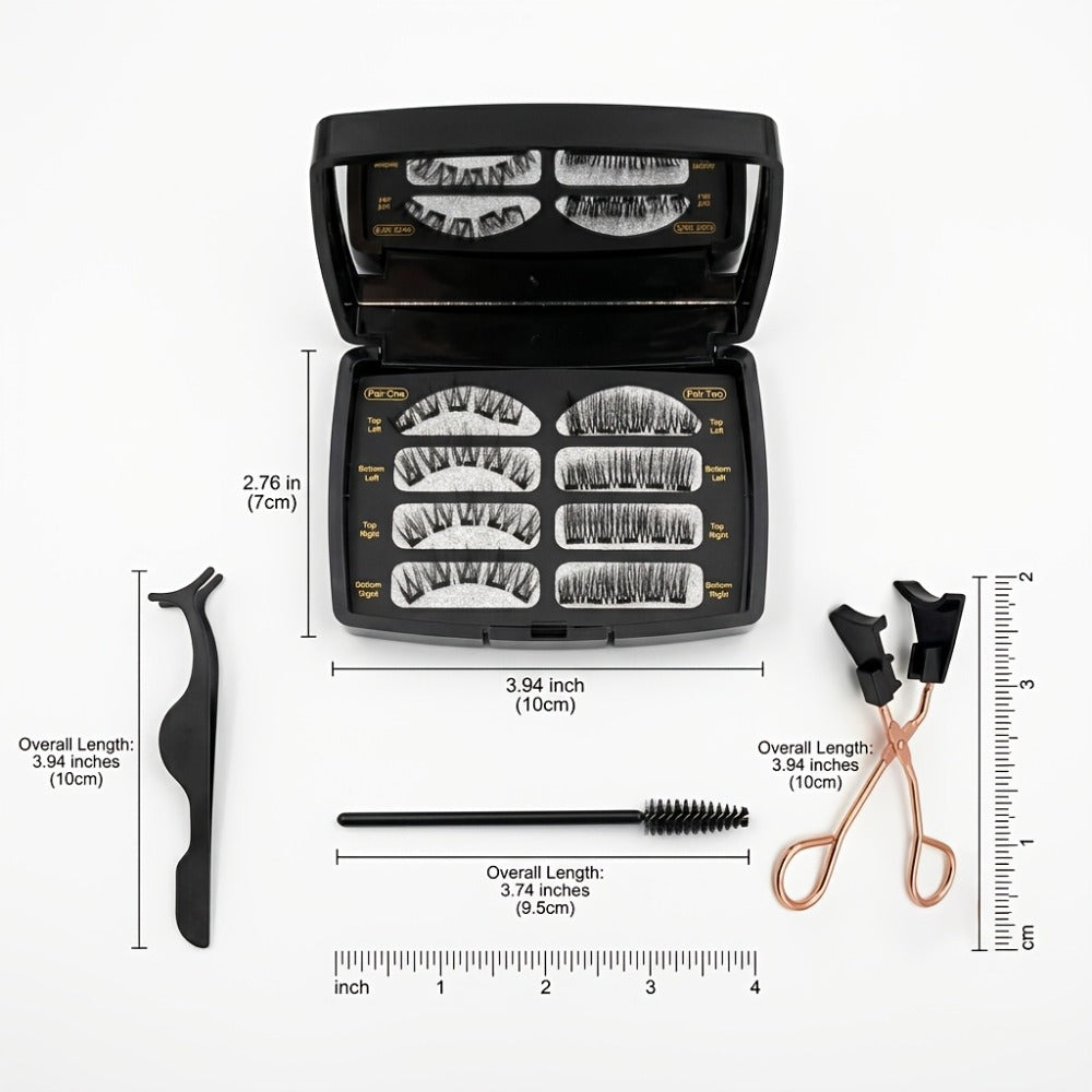 Eight-Piece Black Magnetic False Eyelash Kit with Rectangular Case, Applicator, Tweezers and Brush