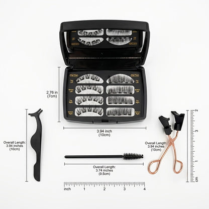 Eight-Piece Black Magnetic False Eyelash Kit with Rectangular Case, Applicator, Tweezers and Brush