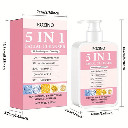 Brightening Face Wash 5-in-1 with Hyaluronic Acid Niacinamide Vitamin C Vitamin E & Collagen - Rich Foam Deep Cleansing Moisturizing Glow Facial Cleanser for Women 150g