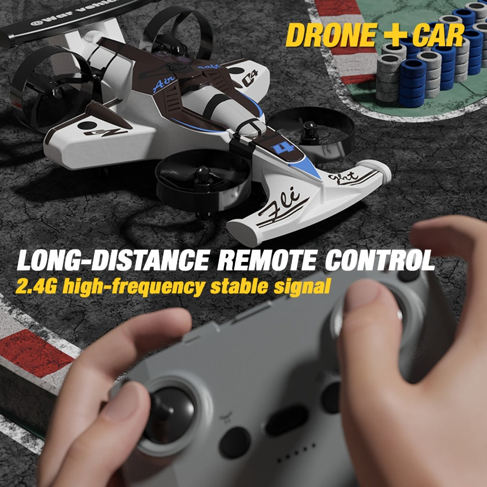 Two-in-One RC Drone and Ground Car with White Body, Two Batteries and Propeller Guards for Indoor Play