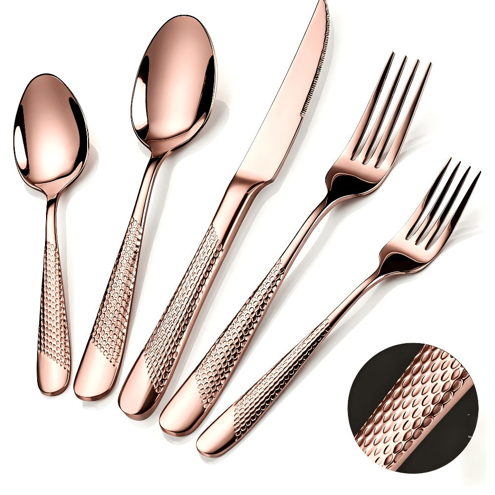 Stainless Steel Flatware Set 40/48 Piece – 304 Silverware Set for 8 Hammered Mirror Polished Rose Gold Cutlery with 2-in-1 Serrated Knife Dishwasher Safe Modern Utensils for Home Restaurant Wedding