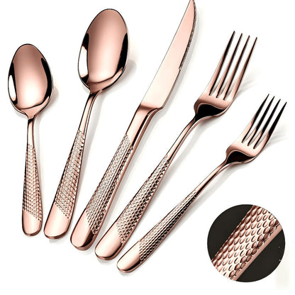 Stainless Steel Flatware Set 40/48 Piece – 304 Silverware Set for 8 Hammered Mirror Polished Rose Gold Cutlery with 2-in-1 Serrated Knife Dishwasher Safe Modern Utensils for Home Restaurant Wedding