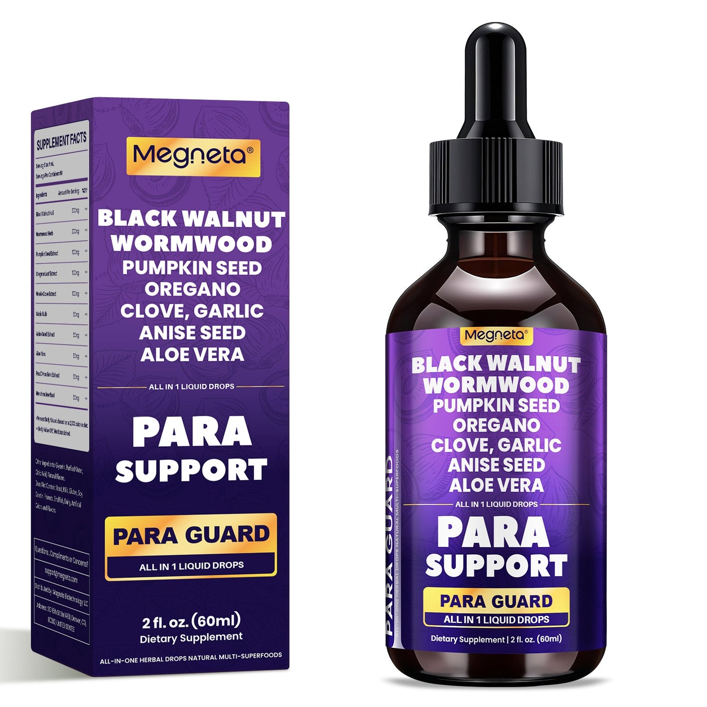 Herbal Supplements with Megneta Label, Black Walnut Clove Garlic Turmeric Pumpkin Seed Oregano Drops