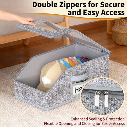 Baseball Cap Storage Box 2 Pack – Foldable Stackable Zippered Hat Organizer, Large Capacity Dustproof Closet Storage for Caps, Hats & Clothes, Durable Fabric
