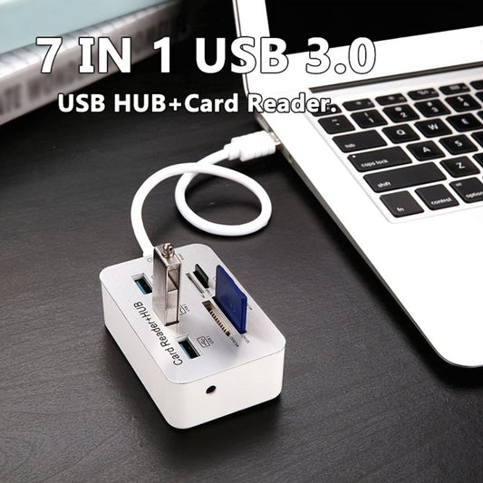7-in-1 USB C Hub with SD TF MS M2 Memory Card Reader Adapter – 3 & 4 Port USB 3.0 Extender for PC, Laptop, MacBook, Mouse, Keyboard, Flash Drive, MMC