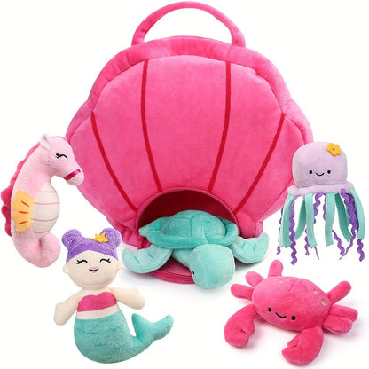Ocean Stuffed Animal Set 5 Piece — Mermaid Turtle Octopus Seahorse Crab Sea Creature Plush Toys with Pink Shell Carrying Bag for Kids Toddlers Girls Boys | Birthday Christmas Baby Shower Gift