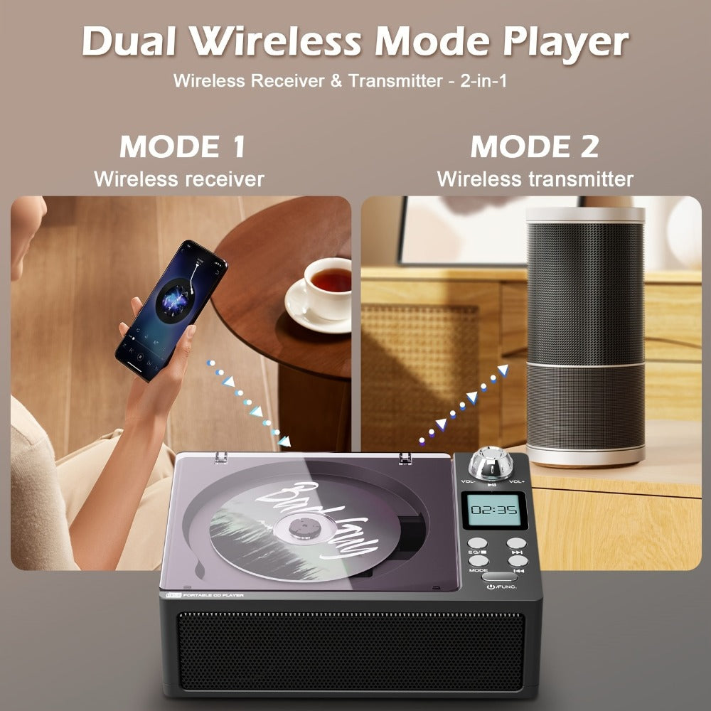 CD Player with Bluetooth Stereo Speakers, FM Radio, USB Playback, AUX Input, LED Display, Remote Control, Type-C Charging, Earphone Jack, All-in-One Home Audio System for Adults Seniors