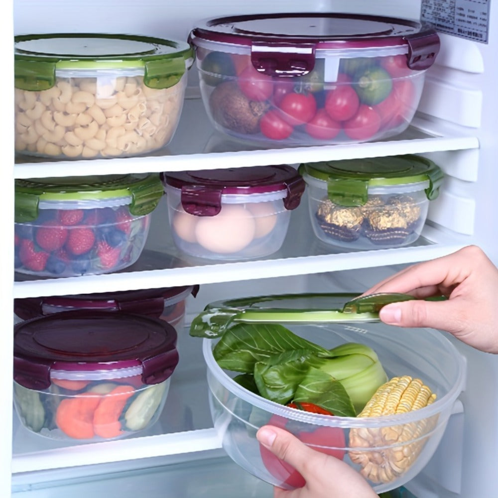 Food Storage Container Refrigerator Set with Three or Four Round Boxes, Flip Lids and Nested Capacities