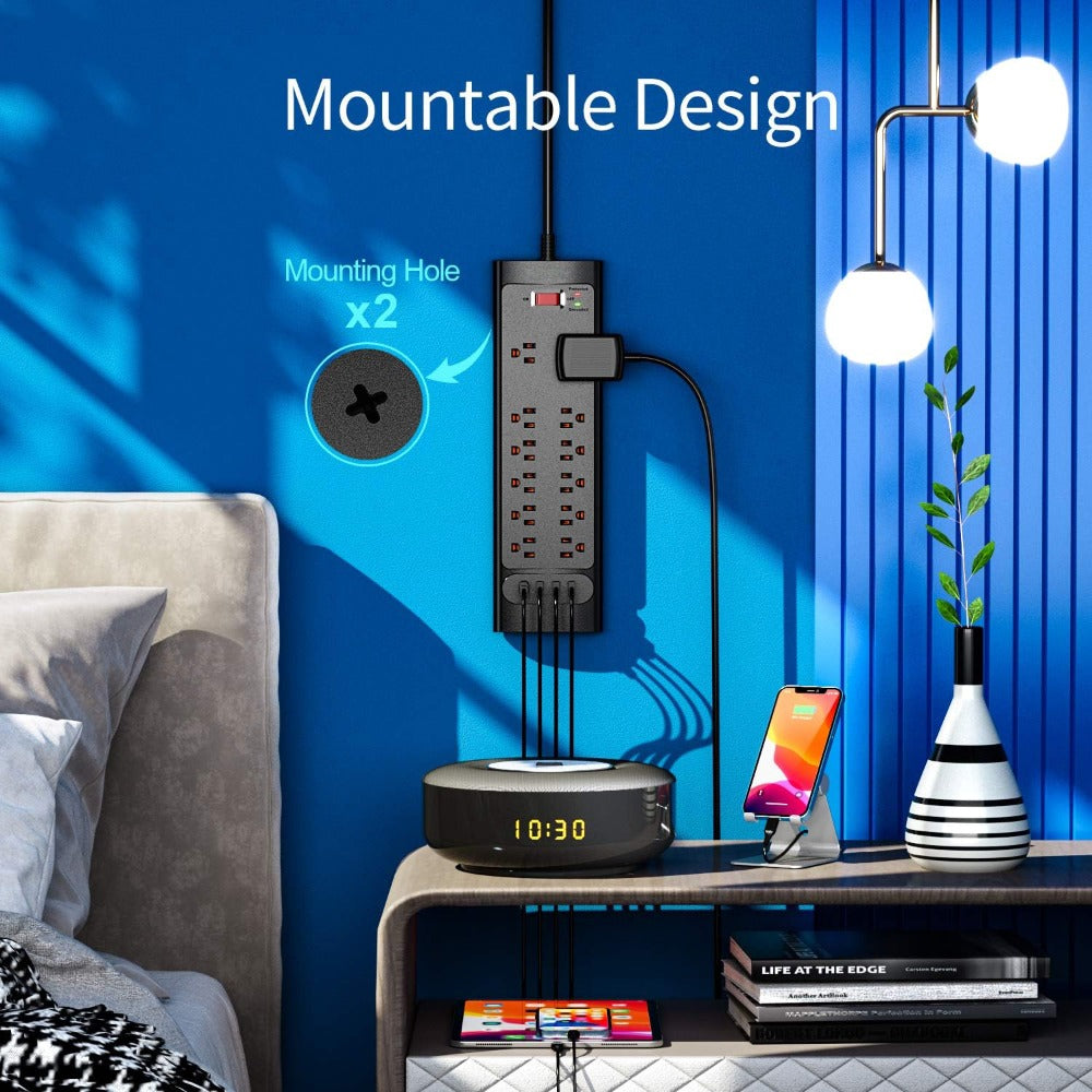 Spacious Outlet Gaming Power Strip 16-in-1 with Control Switch, 12 Wide-Spaced AC Outlets & 4 USB Ports (1 USB-C), Surge Protector, 5ft Extension Cord for TV Monitor Gaming Setup Home Office – Sleek Design