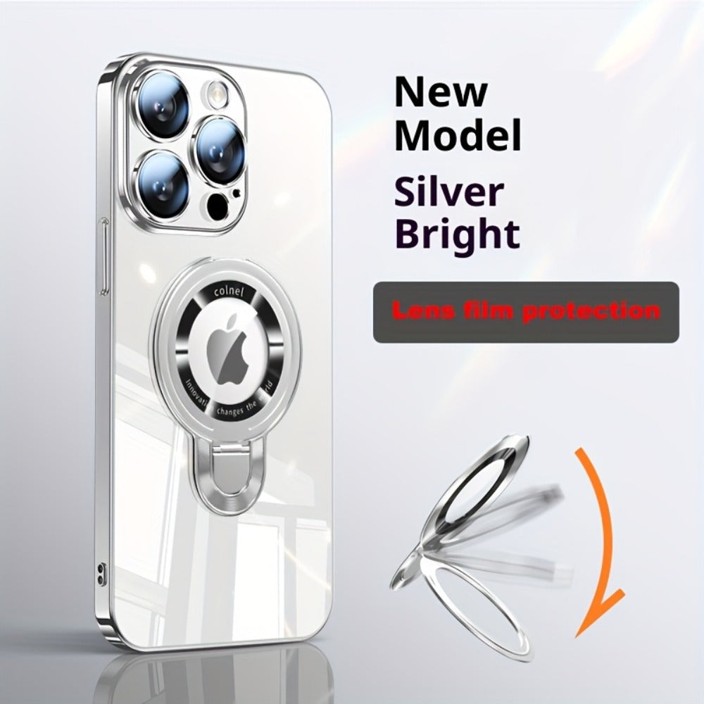 Magnetic U-Shield Stand iPhone Case for iPhone 17 Pro Max 16 16 Pro Max Electroplated PC Transparent Back Shockproof Full Coverage Protective Cover with Kickstand