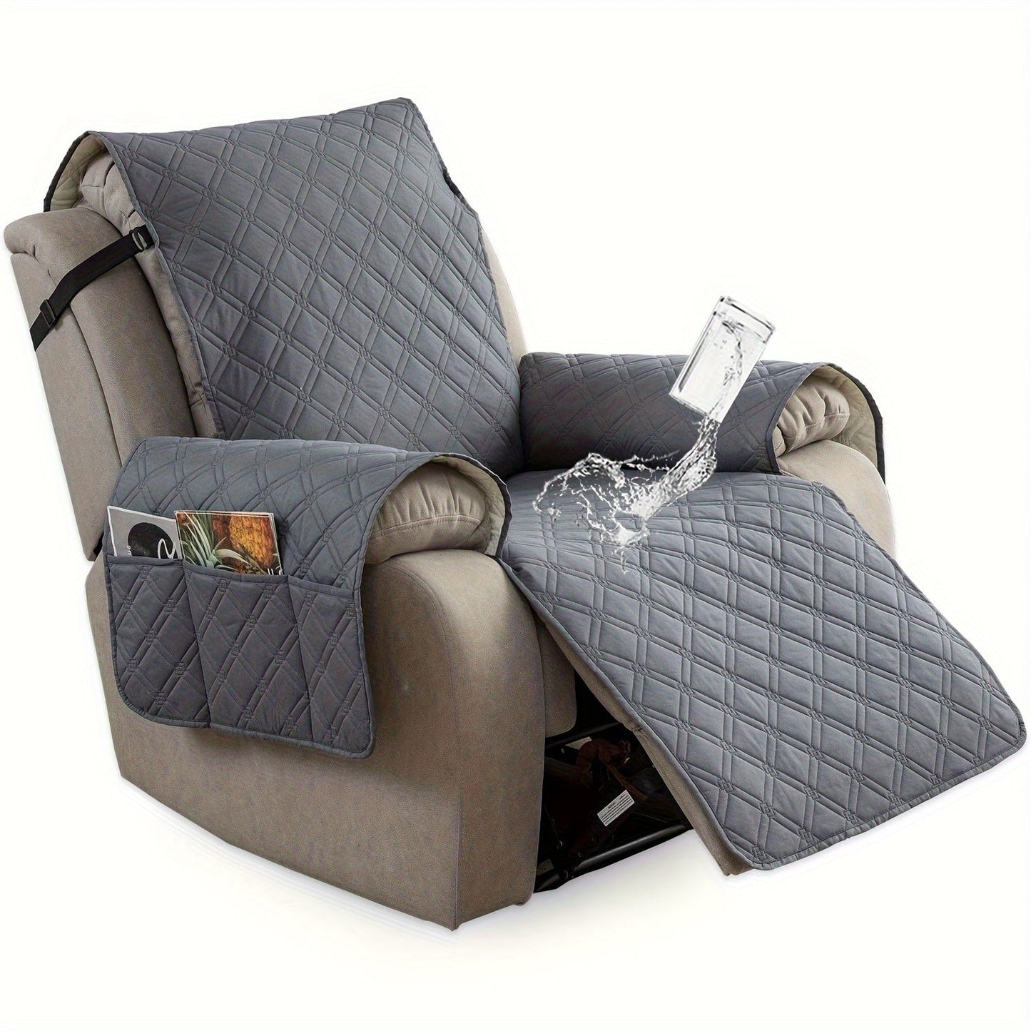 Quilted One-Piece Recliner Chair Cover with Side Pockets, Back Buckle Strap and 11 Color Options