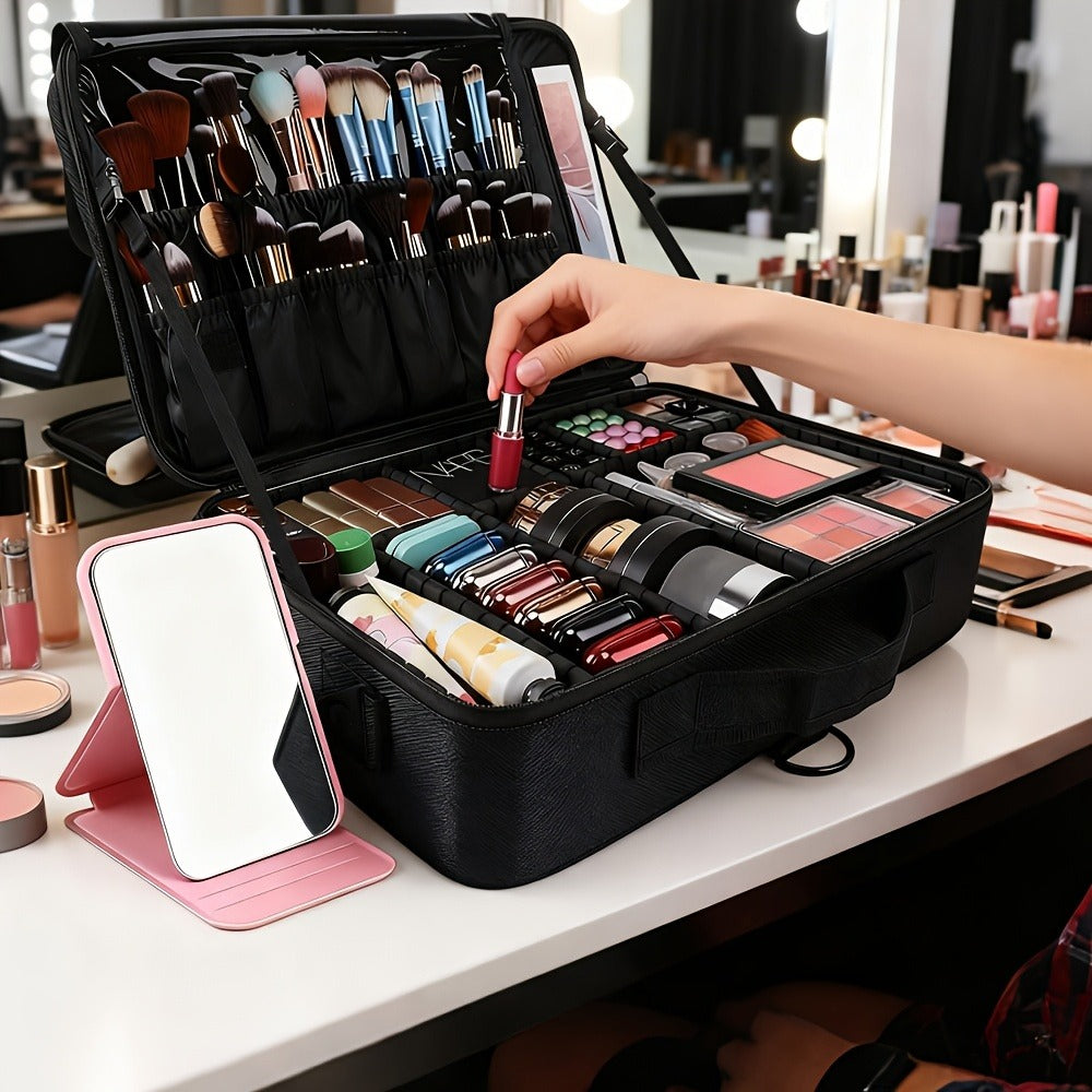 Black 15.8-Inch Soft Makeup Train Case with Three-Layer Interior, Brush Panel and Shoulder Strap