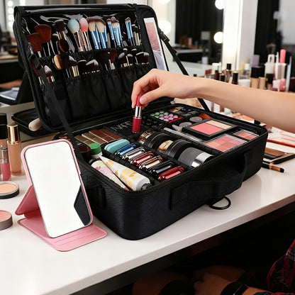 Black 15.8-Inch Soft Makeup Train Case with Three-Layer Interior, Brush Panel and Shoulder Strap