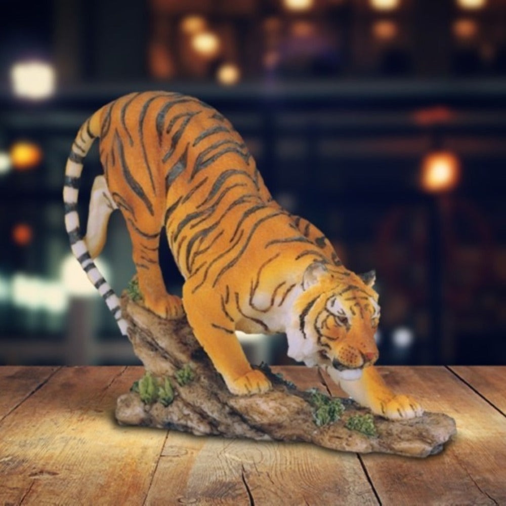 Tiger Figurine with Orange and Black Striped Walking Form, Terrain-Style Base and 6-Inch Height