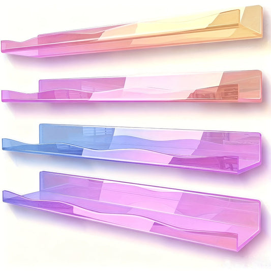Iridescent Acrylic Floating Shelves Wall Mounted – Colorful Rainbow Storage Rack for Nail Polish, Cosmetics & Sundries, Art Deco Style Bathroom & Bedroom Shelf, 2 or 4 Pack (Pink / Macaron / Clear)