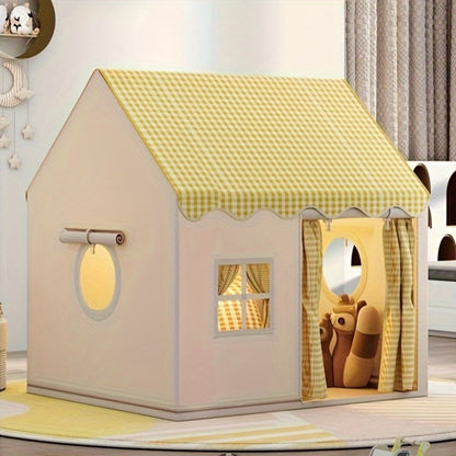 Checked Cabin Kids Play Tent in Pink, Khaki or Yellow with 130 x 120 x 100cm House Frame and Scalloped Roof