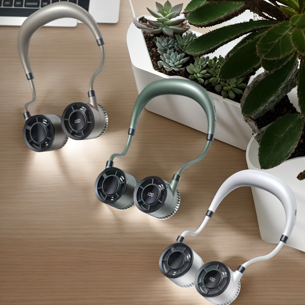 Dual-Head Neck Fan with a Digital Display in White, Green or Champagne Golden and USB Charging