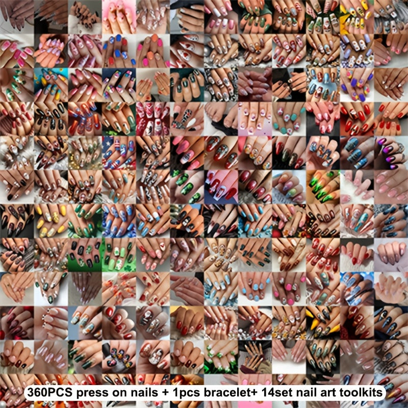 Press On Nails 375-Piece Kit with 360 Assorted Nails, Bracelet and 14-Piece Nail Art Tool Set