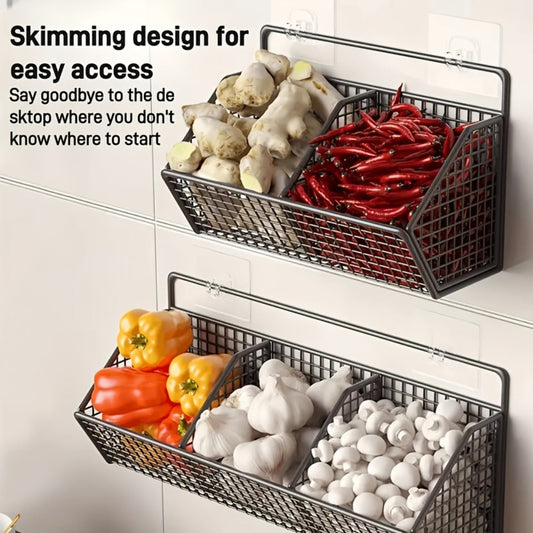 Wall Mounted Kitchen Storage Basket – Metal Wire Rack Organizer, 2 or 3 Grid Tier, Space Saving Vertical Pantry Shelf for Spices, Snacks & Beverages, Home Kitchen & Retail Store Display