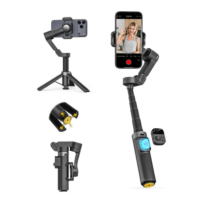 AOCHUAN Foldable 3-Axis Gimbal Stabilizer with Extendable Pole & Panoramic Gesture Control – AI Face Tracking Phone Gimbal, Magnetic Wireless Remote, 360° Rotation for Vlogging, Live Streaming & Travel