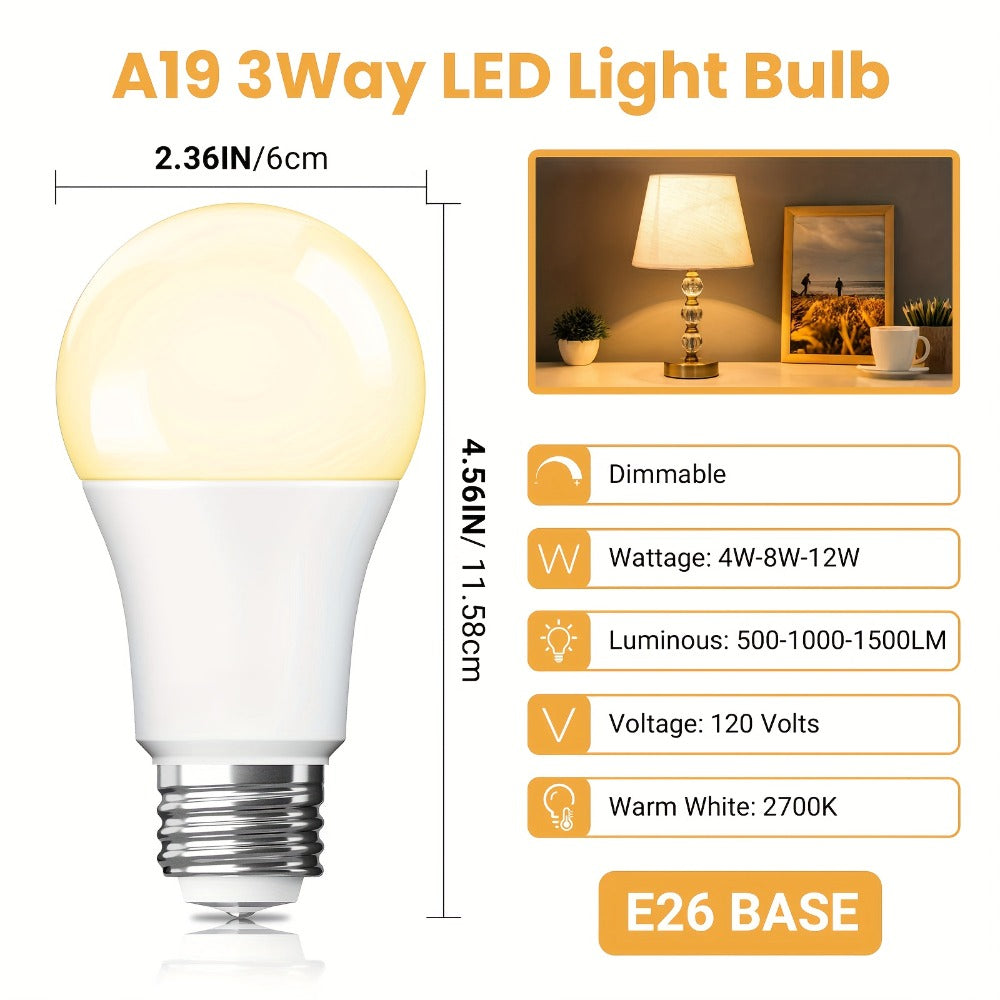Three-Way A19 LED Bulbs with E26 Base, 1500 Lumens and 2700 K or 5000 K Light, Four-Pack for Floor and Table Lamps