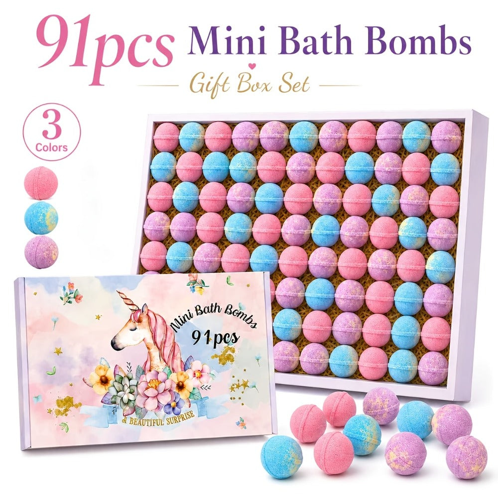 Bath Bombs, 91-Piece Mini Fizzer Set with 15g Round Pieces, Three Labeled Scents and Random Assorted Colors