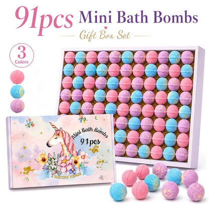 Bath Bombs, 91-Piece Mini Fizzer Set with 15g Round Pieces, Three Labeled Scents and Random Assorted Colors