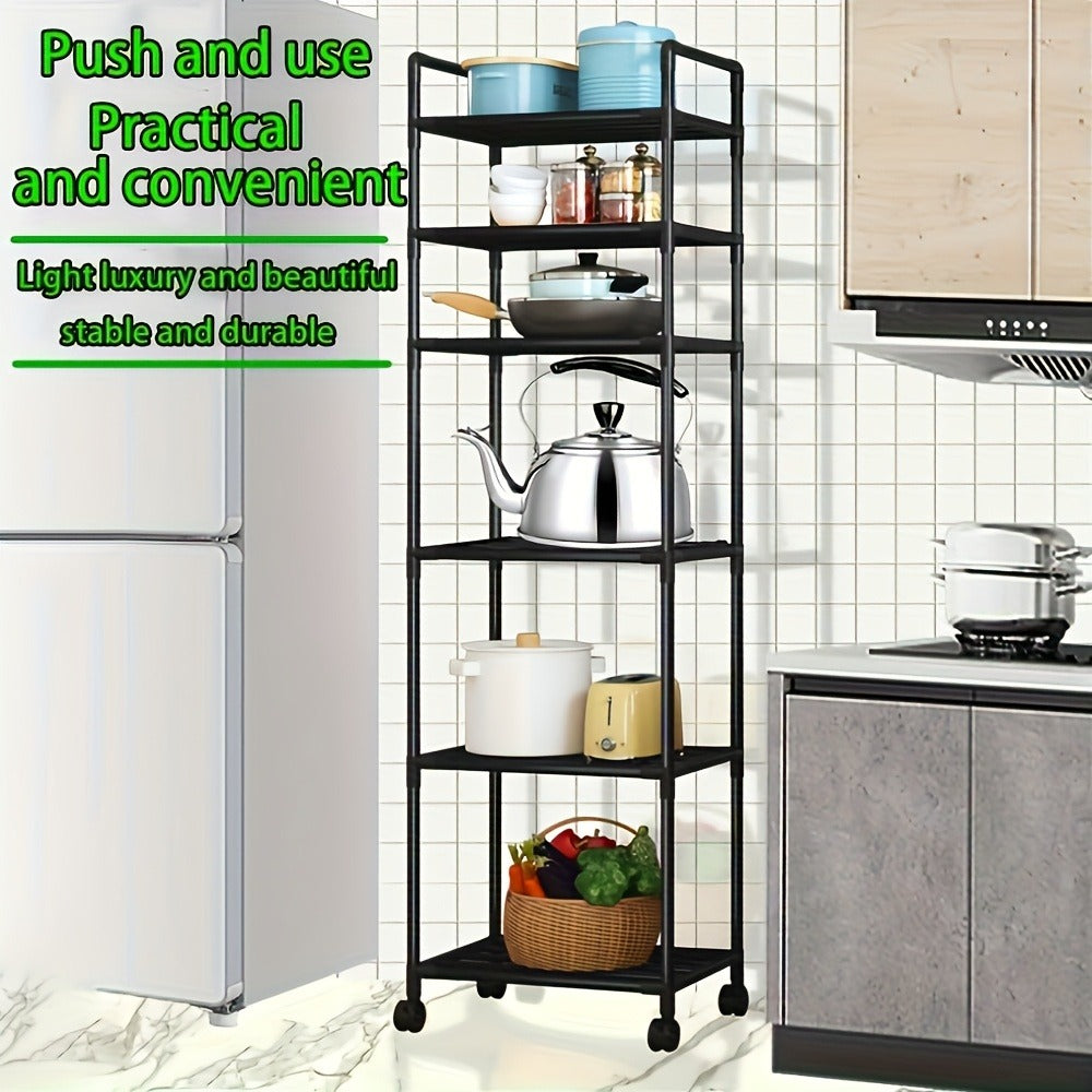 Six-Tier Narrow Metal Storage Shelf with Leveling Feet in Black or White for Kitchens and Pantries