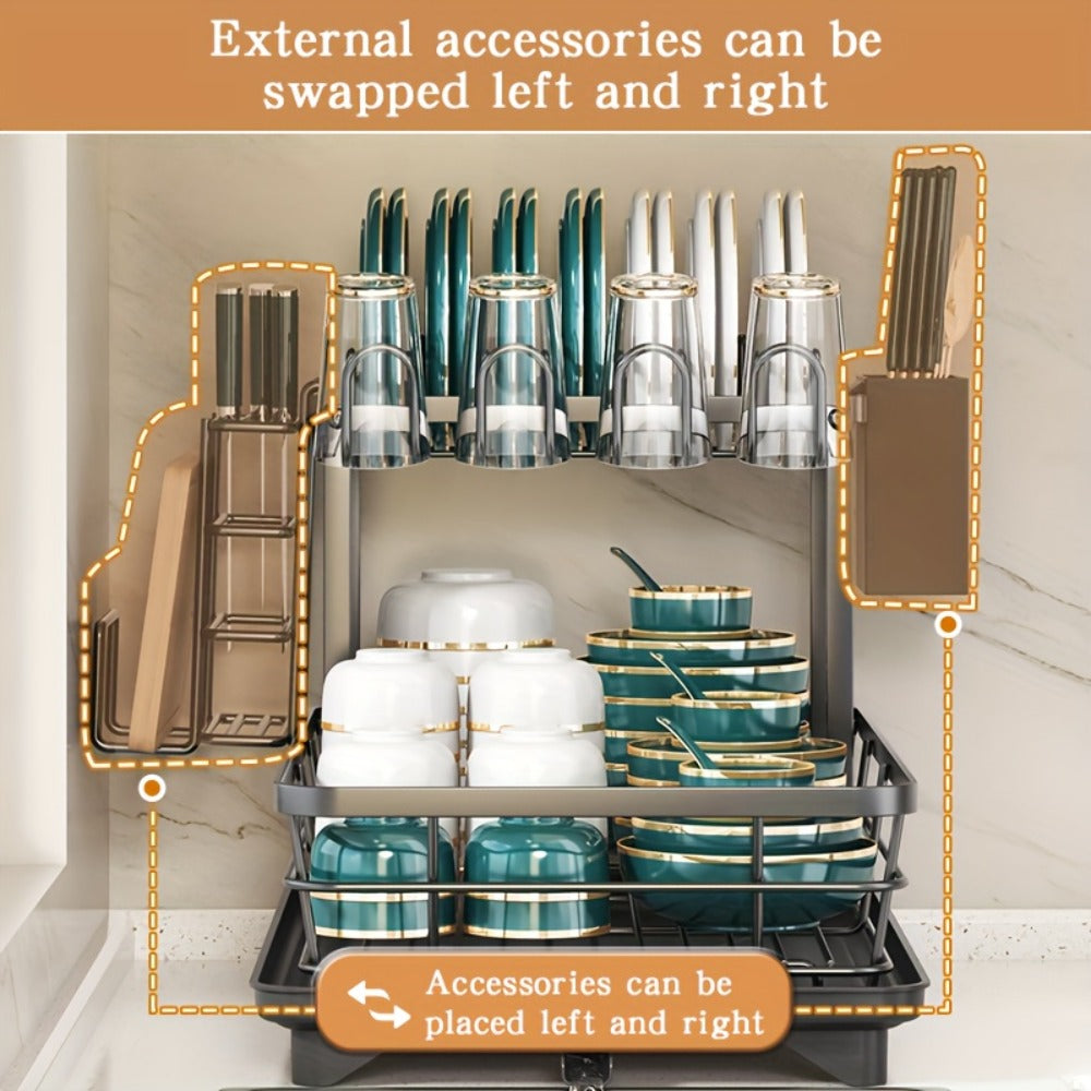 Two-Tier Dish Drying Rack, Metal Countertop Organizer with Cutlery Holder, Cup Holder and Drip Tray