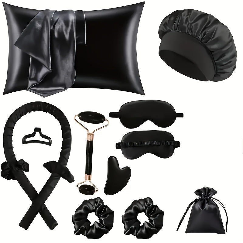 Twelve-Piece Heatless Curling Set with Satin Bonnet, Eye Mask, Hairband and Bag in Three Colors