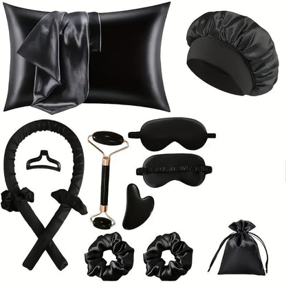 Twelve-Piece Heatless Curling Set with Satin Bonnet, Eye Mask, Hairband and Bag in Three Colors