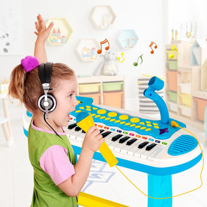 Kids Piano Keyboard 31-Key with Microphone & Stool, 22 Demos 8 Tones 7 Rhythms Flashing Lights, Portable Musical Toy for Toddlers Boys Girls Age 3+, Blue
