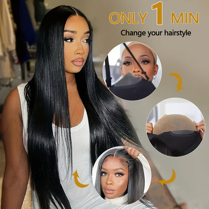 Put On and Go Glueless Human Hair Wig Bone Straight – Pre Cut 6x4.5 Transparent Lace 200% Density Pre Plucked, Ready to Wear in 3 Seconds, Natural Black & Natural Color, 10–34 Inch