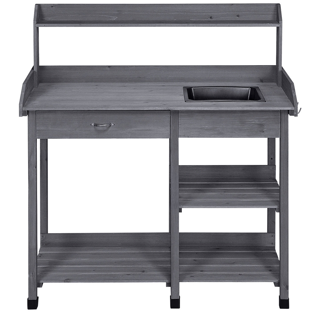 Four-Tier Garden Potting Bench with Removable Sink, Drawer, Adjustable Shelf and Three Side Hooks
