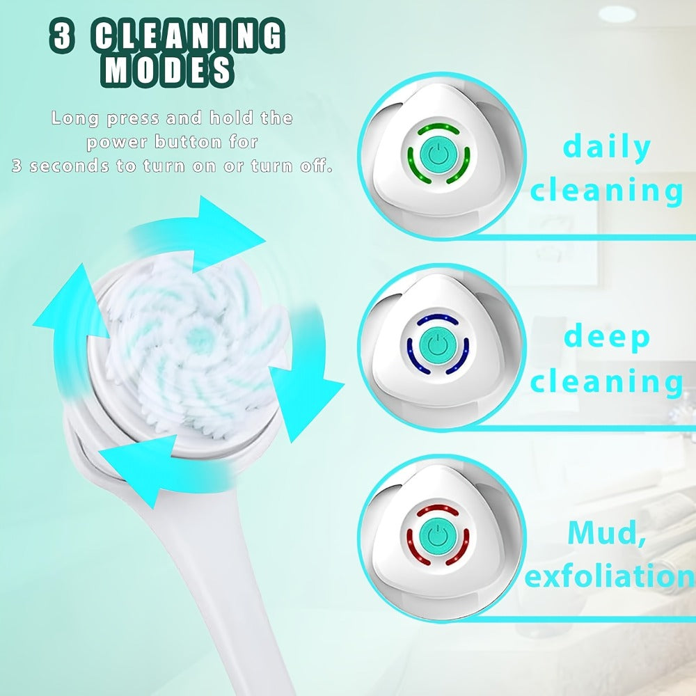 Electric Body Scrubber 6-in-1 Rechargeable Shower Brush - Vibrating Exfoliating Brush with Long Handle, 6 Brush Heads for Deep Cleansing, Back Scrubber, Pore Cleansing, Spa Gift for Women & Men
