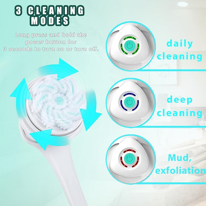 Electric Body Scrubber 6-in-1 Rechargeable Shower Brush - Vibrating Exfoliating Brush with Long Handle, 6 Brush Heads for Deep Cleansing, Back Scrubber, Pore Cleansing, Spa Gift for Women & Men