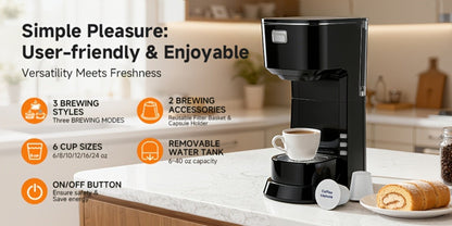 Compact Single-Serve Coffee Maker for Pods or Grounds with One-Button Control and Black or White Finish