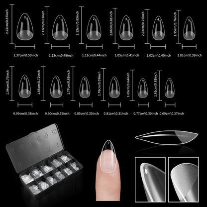 Clear Full-Cover Nail Tips, 600-Piece Set in Nine Almond, Oval, Stiletto, Coffin and Square Length Options