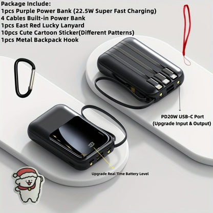 10000mAh Mini Power Bank 22.5W Super Fast Charging with 4 Built-In Cables – LED Display Cute Compact Portable Charger for iPhone Samsung Android Travel Outdoor Emergency Battery Pack