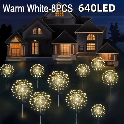 Solar Garden Lights Firework Stakes with 240-640 LEDs, 8 Modes, 4/8 Packs and Three Light Colors