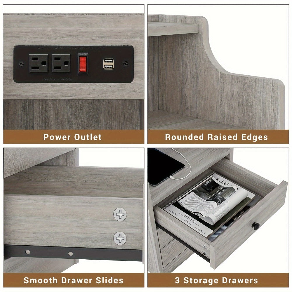 Nightstand 3-Drawer Hutch with Two AC Outlets, Two USB Ports and Gray or White Bedroom Finish