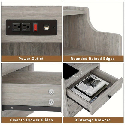Nightstand 3-Drawer Hutch with Two AC Outlets, Two USB Ports and Gray or White Bedroom Finish