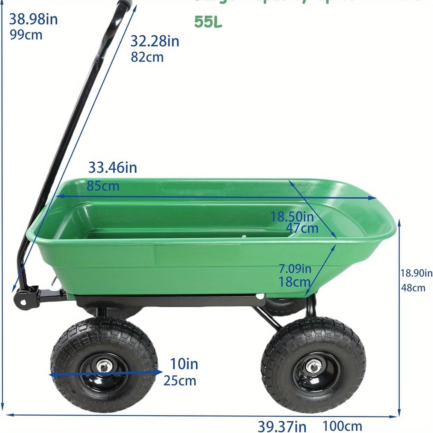 Garden Cart Heavy Duty Steel Yard Wagon 220 Lb Capacity Dump Cart with 10 Inch Pneumatic Tires All Terrain Utility Cart for Lawn Farm Gardening Green