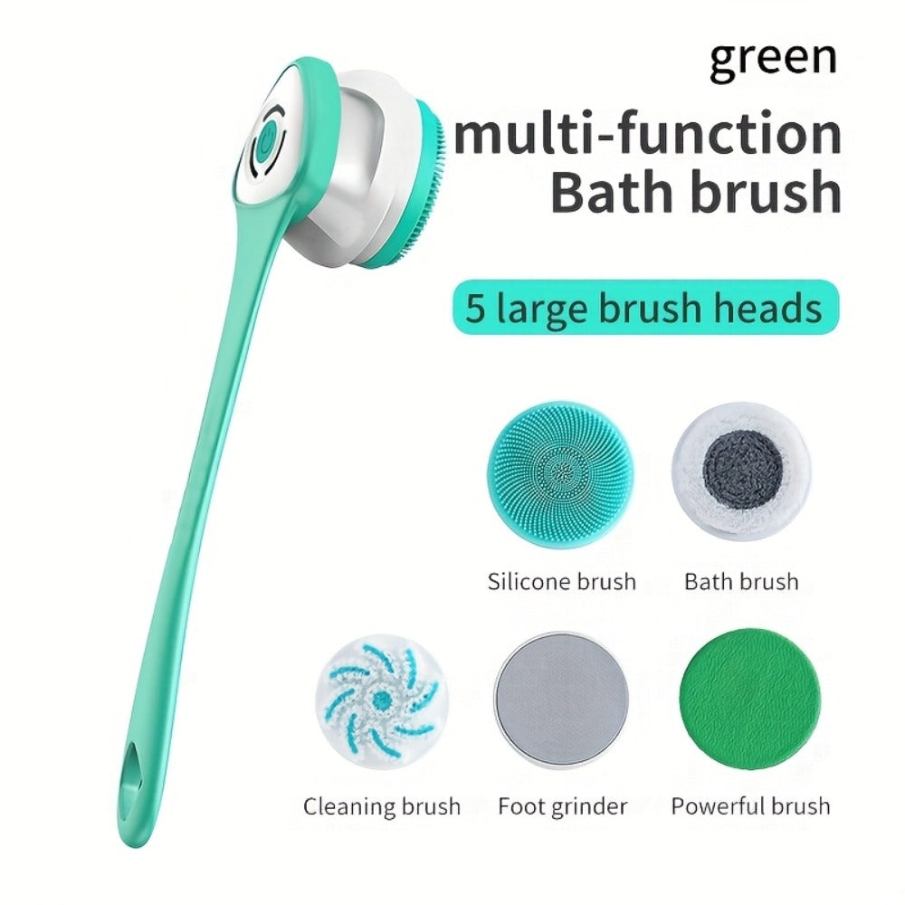 Electric Body Scrubber 6-in-1 Rechargeable Shower Brush - Vibrating Exfoliating Brush with Long Handle, 6 Brush Heads for Deep Cleansing, Back Scrubber, Pore Cleansing, Spa Gift for Women & Men