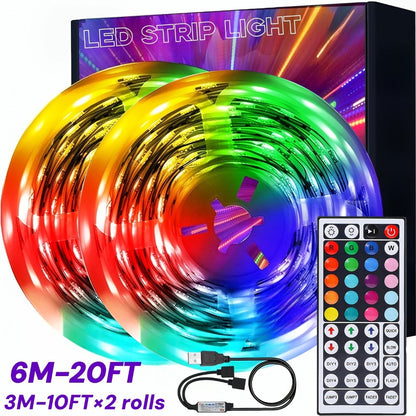 RGB LED Strip Lights USB Powered TV Backlight with Remote Control - 16 Color Changing Dimmable Cuttable for TV PC Bedroom Gaming Room Bookshelf Desk Party Home Ambiance Lighting 13FT 20FT