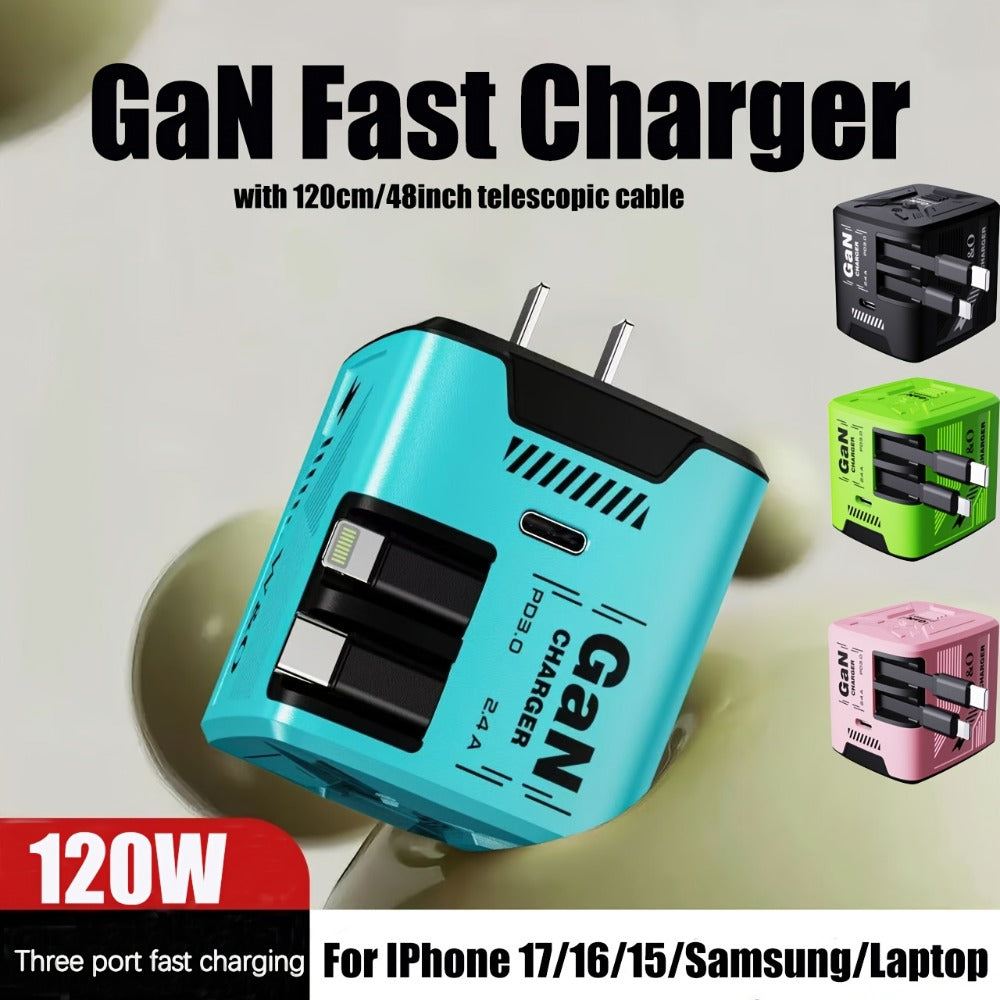 USB-C Wall Charger with Integrated Dual Cables in Single or Two-Piece Packs and Multiple Colors