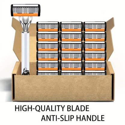 6-Layer Blade Men's Razor Set with Lubricating Strip 2 Handles & 36 or 72 Replacement Blades – Smooth Close Shave Contour-Fitting Ergonomic Manual Shaver for Men Daily Grooming