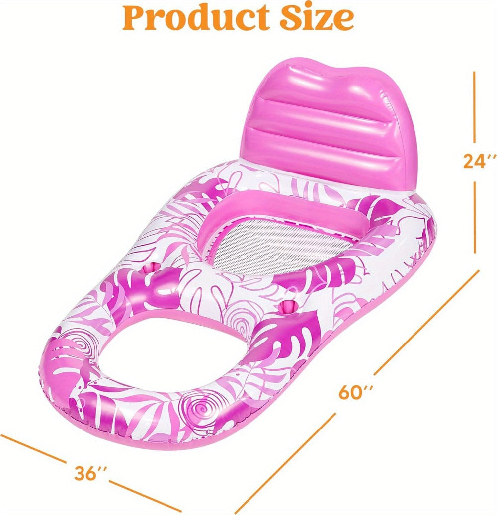 Pink Tropical Inflatable Pool Recliner Float, 60 x 36 x 24 Inches with Mesh Seat and Cup Holder